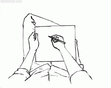 gif que apresenta, em animau00e7u00e3o, uma pessoa de pernas cruzadas sendo vista de cima e desenhando em um papel. O desenho que se forma u00e9 a mesma cena do inu00edcio do gif, gerando um loop