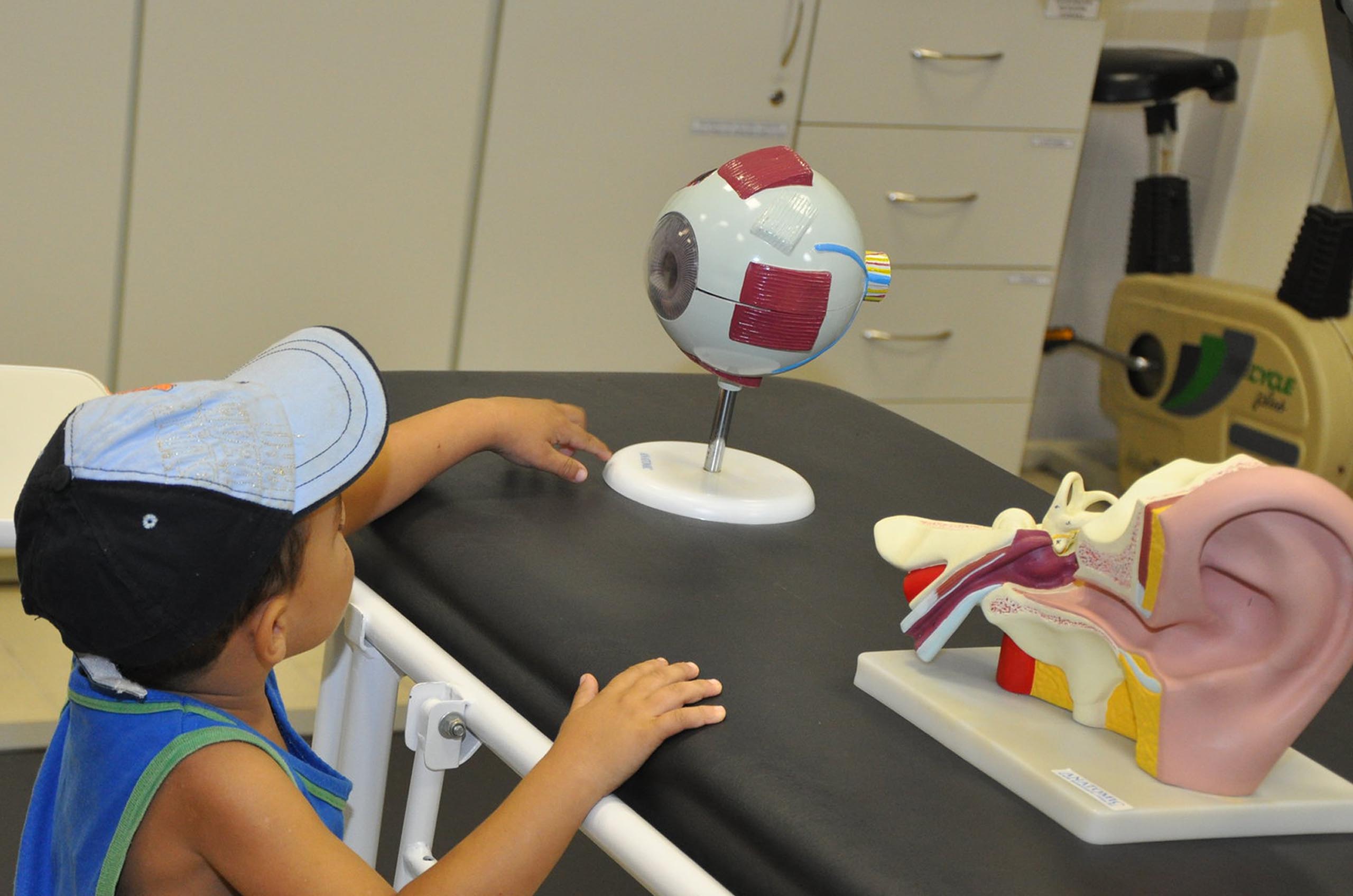 menino olha e toca em modelo de anatomia de olho humano durante a Feira de Profissões no Setor UFPR Litoral