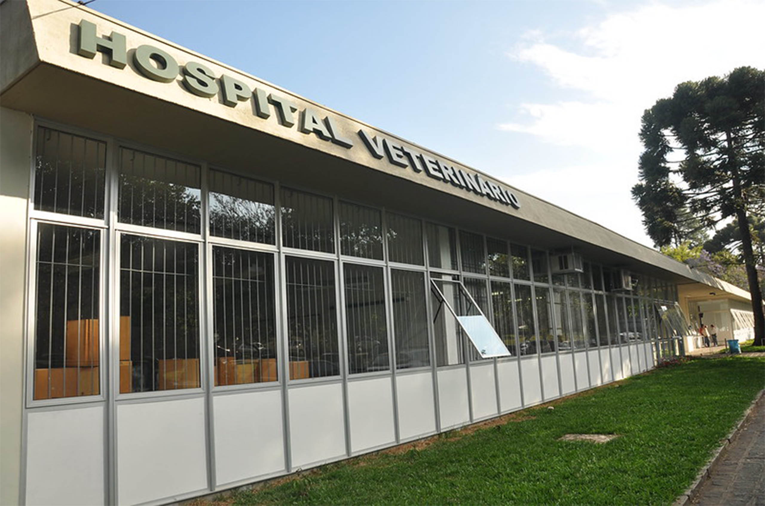 Frente do prédio do Hospital Veterinário com muitas janelas de vidro retangulares.